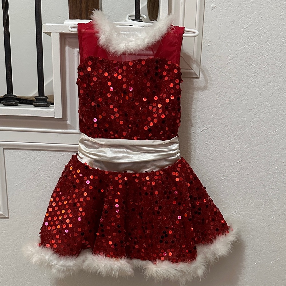 Weissman Red Sequin Holiday Dress with White Faux Fur Trim